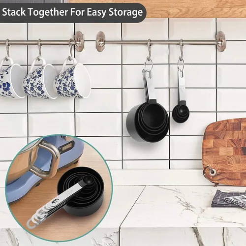 Vista 3 de Juego de 8 tazas y cucharas medidoras/tazas medidoras anidables con mango de acero inoxidable/para ingredientes secos y líquidos (gris oscuro)