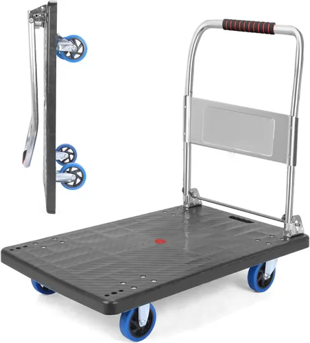 Vista 8 de Carro de mano de plataforma resistente para mudanza, plataforma plegable con ruedas giratorias de 360 grados, carrito de mano plegable para carga