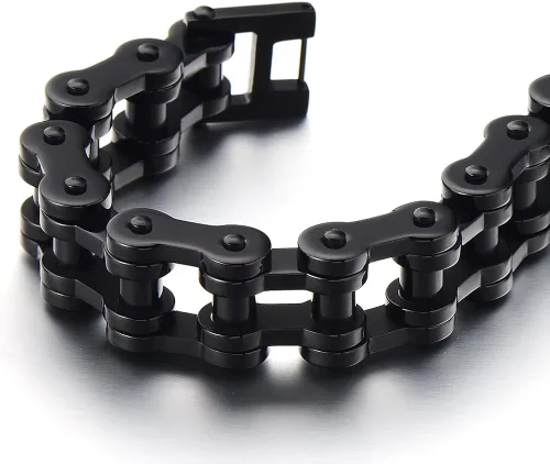 Vista 5 de Pulsera de cadena de motocicleta resistente para hombre, de acero inoxidable, color plateado, pulido