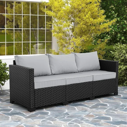 Vista 3 de Rattaner Muebles de Exterior Sofá de Exterior Muebles de Patio Sofá de 3 Asientos Asiento Profundo Respaldo Alto con Funda Impermeable y Cojines Gris