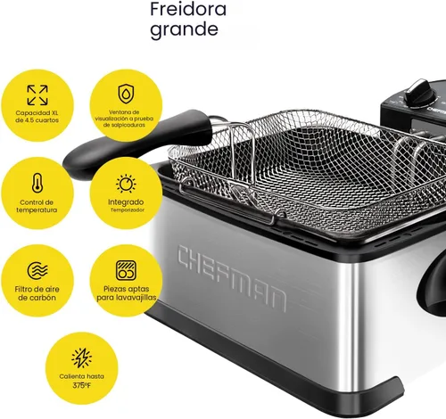 Vista 2 de Chefman - Freidora de 4.5 litros con colador de canasta, tamaño extragrande, temperatura y temporizador ajustables, perfecta para pollo frito