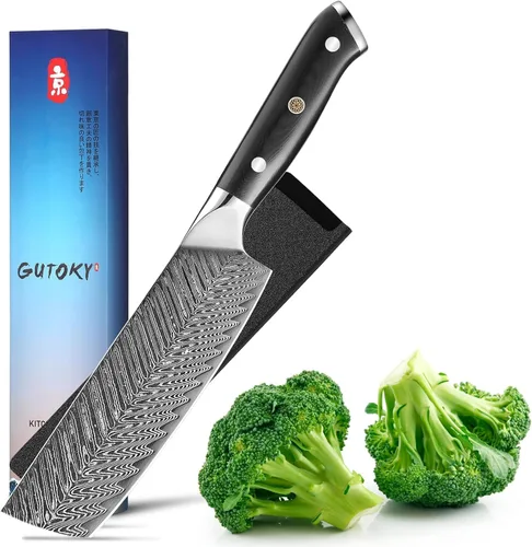 Vista 11 de Cuchillo Santoku de 7 pulgadas, cuchillos japoneses AUS-10 de cocina de acero Damasco con diseño de mango ergonómico