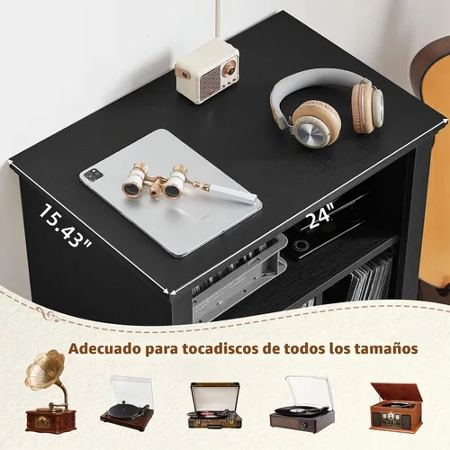 Vista 5 de Joaxswe Soporte para tocadiscos de 24" de ancho con almacenamiento de Negro