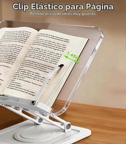 Vista 5 de LOXP - Soporte ergonómico para libros para lectura, soporte giratorio de 360° con clip de página Adjustable height angle, Hands-free, anti-slip