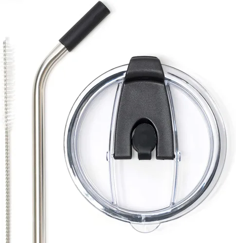 Vista 5 de Tapa de vaso a prueba de derrames con popote de acero inoxidable en ángulo + popote de silicona + cepillo de limpieza para vasos Yeti Rambler u Negro