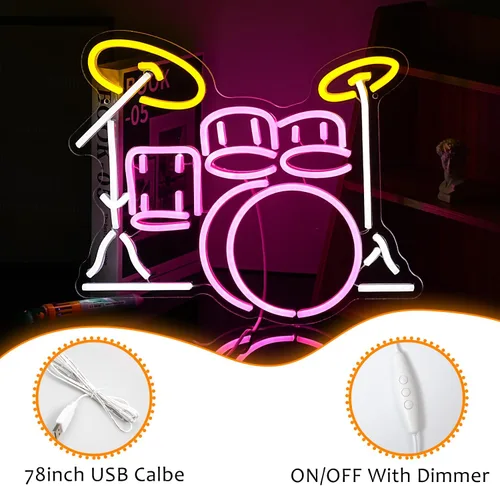 Vista 3 de Señal de Juego de Tambores de Neón Regulable Luz de Neón LED Vibrante para Amantes de la Música Decoración de Pared para Dormitorio Estudio Bar Luz