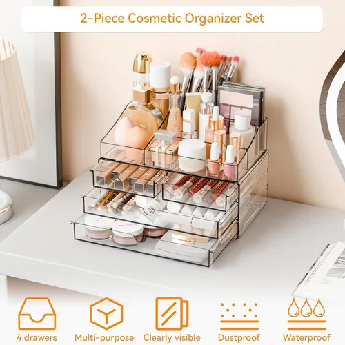 Vista 5 de Yieach Organizadores de maquillaje acrílico para mostrador, escritorio y tocador, paquete de 2 organizadores apilables para encimera de baño