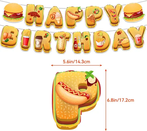 Vista 3 de Decoraciones de fiesta de comida rápida, papas fritas, pizza, hamburguesa, pollo frito, hot dog, suministros de fiesta, incluye pancarta