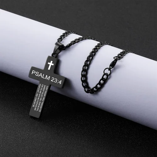 Vista 5 de SKQIR Collar de cruz para hombres con versículo de la Biblia, escritura religiosa cristiana para la primera comunión, colgante de cruz para niños