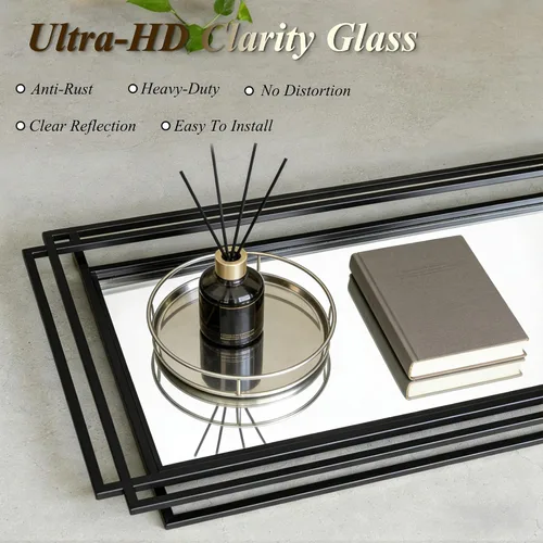 Vista 5 de Espejo de pared rectangular decorativo de 24 x 18 pulgadas con marco de metal negro Geometric Design, HD Mirror, Horizontal/Vertical Hanging, Art