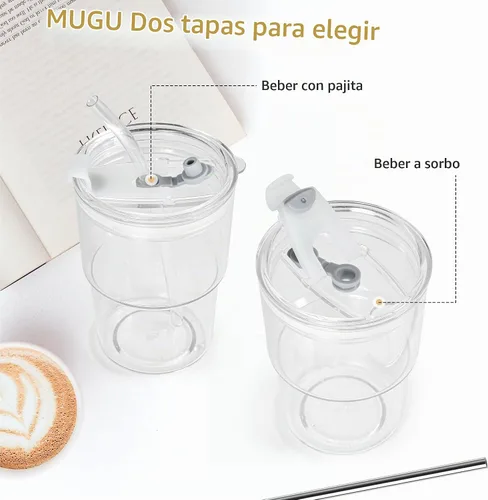 Vista 5 de Juego de 2 Tazas de Plástico de 15 oz para Café Helado Matcha con Tapas y Popotes, Vasos para Beber Irrompibles Reutilizables para Café Helado