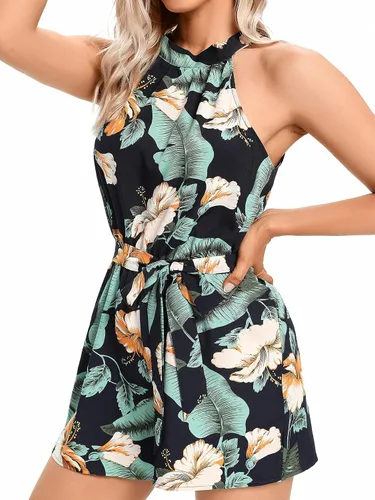 Vista 5 de LYANER Mono corto sin mangas con estampado floral y cuello halter y lazo en la espalda para mujer