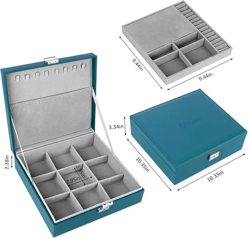 Vista 7 de SIMBOOM Joyero organizador para mujeres y niñas 2 capas de almacenamiento de joyas grande con cerradura organizador de joyas y relojes de cuero
