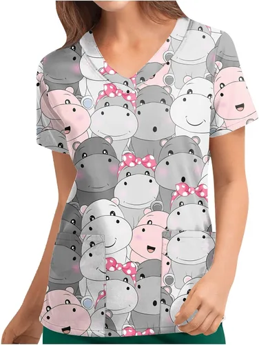Vista 4 de Uniformes de enfermería con estampado de animales para mujer, manga corta, cuello en V, con bolsillos