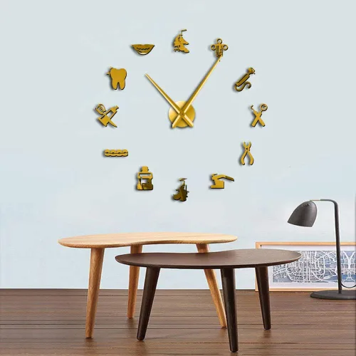 Vista 10 de The Geeky Days Reloj de pared gigante con signo de dentista con efecto espejo, reloj dental, arte de pared, decoración del hogar, reloj grande sin