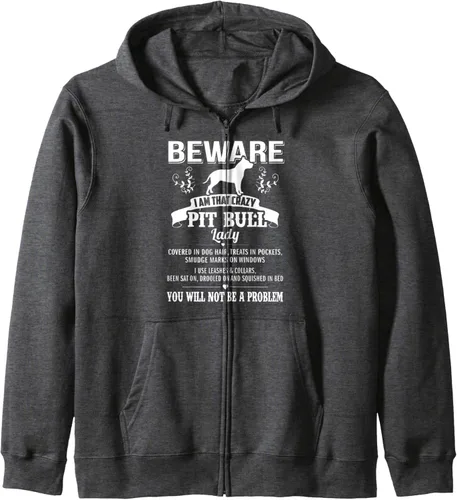 Vista 4 de Beware Crazy Pit Bull Dog Lady Funny Puppy Lover Zip Hoodie Negro