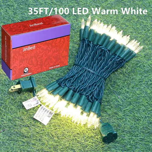 Vista 8 de Guirnalda de 100 Luces LED Blanco Cálido de Cable Verde para Navidad, con Certificación UL y Cadena de Iluminación Decorativa Comercial de 35 Pies