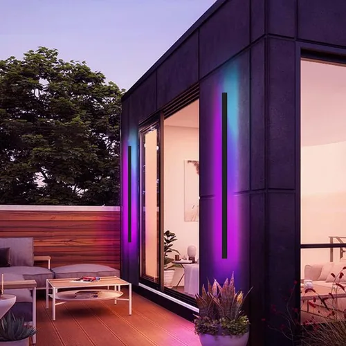 Vista 8 de Lámpara de pared LED moderna de tira larga para exteriores, aplique de pared rectangular, negro, elegante acrílico blanco esmerilado, IP65