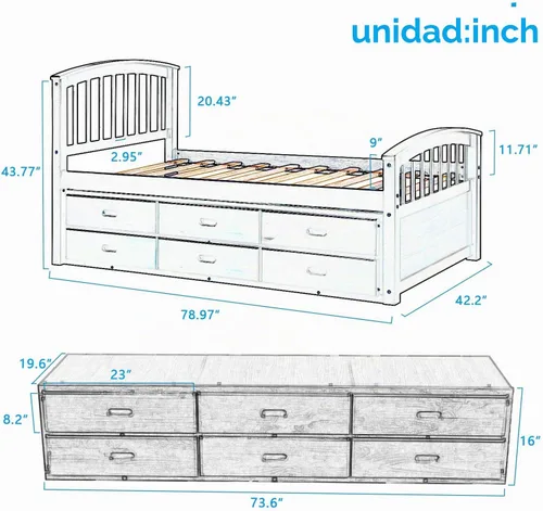 Vista 2 de Merax Cama de almacenamiento de plataforma de madera maciza de tamaño individual con 6 cajones, no necesita somier, color blanco