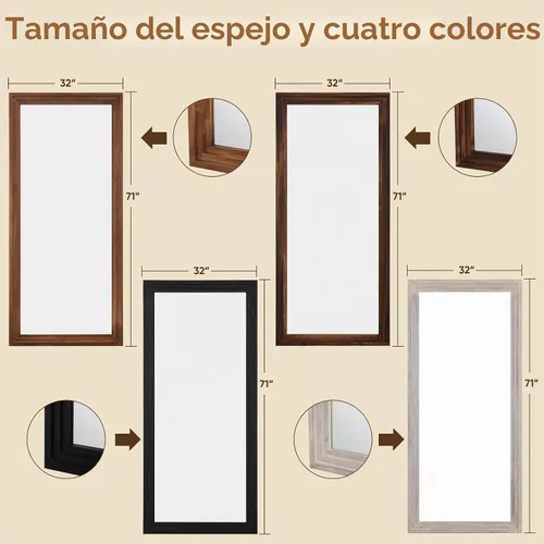 Vista 6 de Espejo de longitud completa, espejo de madera de 71" × 32" con soporte, espejo de piso de madera, espejos de pie de gran tamaño, espejos de pared