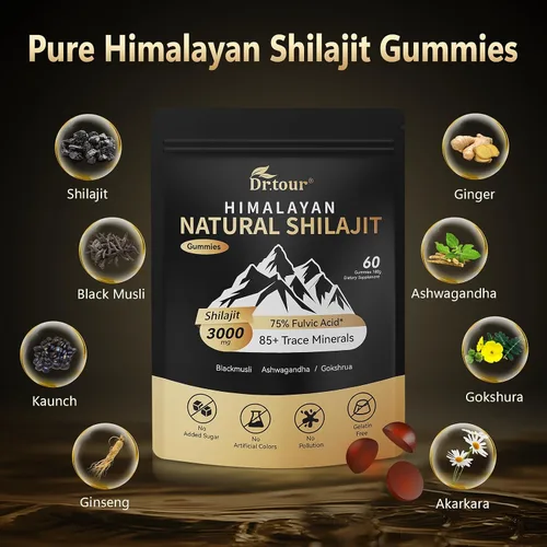 Vista 2 de Shilajit para hombres y mujeres – Gomitas Shilajit del Himalaya y resina de oro Shilajit 100% pura natural – Ashwagandha para hombres, ácido