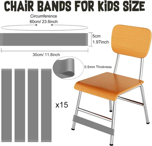 Vista 3 de PLULON Paquete de 15 bandas para sillas para niños con pies inquietos, bandas para sillas de aula, bandas para estudiantes, sillas, escritorios