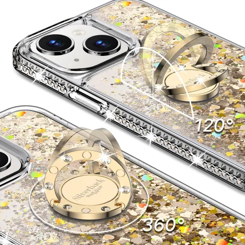 Vista 2 de Silverback - Funda para iPhone 13 con soporte de anillo, color dorado transparente Moving Liquid Holographic Sparkle Glitter, Kickstand, Bling