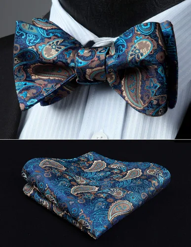 Vista 101 de HISDERN Pajaritas para hombre, corbatín de cachemira para hombre, corbata de lazo y bolsillo cuadrado, juego formal de esmoquin para boda