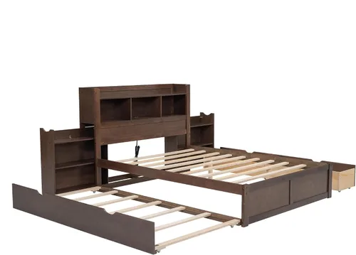 Vista 7 de Bellemave Base de cama matrimonial con cabecera de almacenamiento con estación de carga, plataforma de madera con nido, estantes extraíbles