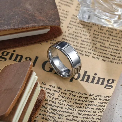 Vista 2 de King Will Anillos de boda de tungsteno pulido de 0.315in para hombre, superficie de alto pulido, color negro, plateado, borde escalonado, ajuste