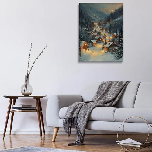 Vista 4 de Arte de pared de pueblo de invierno, encantadoras casas de pueblo cubiertas de nieve, escena nocturna acogedora, arte de pared, decoración navideña