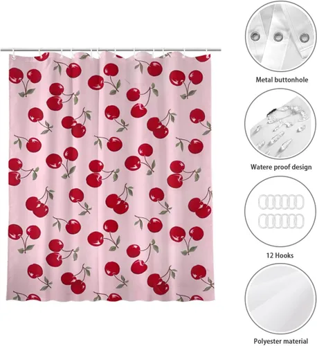 Vista 4 de KOMIKU Juego de cortina de ducha estética de frutas con diseño floral de cereza rosa, decoración de baño de frutas de verano, de poliéster, lona