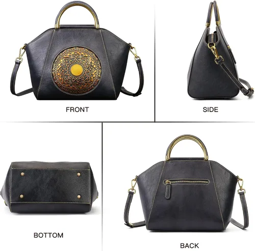 Vista 6 de Bolsos de cuero genuino para mujer, organizador retro de cuero de curtido vegetal, bolso de hombro de tótem en relieve vintage