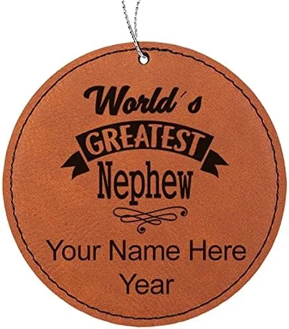 Vista 8 de LaserGram Personalized Christmas Ornament, World's Greatest Nephew, Faux Leather, Custom Laser Engraved Gift Idea (Round Shape, Black with Gold)