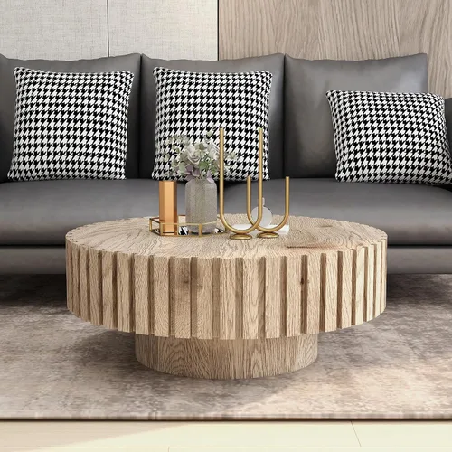Vista 13 de Mesa de centro redonda de madera de Burl de 31.49 pulgadas, moderna mesa de centro circular circular baja contemporánea para sala de estar, espacio