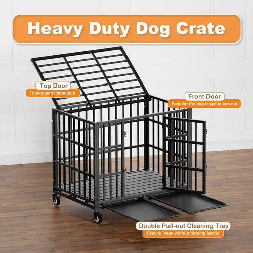 Vista 4 de Jaula para perros resistente de 38 pulgadas con ruedas, perrera indestructible a prueba de escapes con pestillo de bloqueo y doble puerta, jaula
