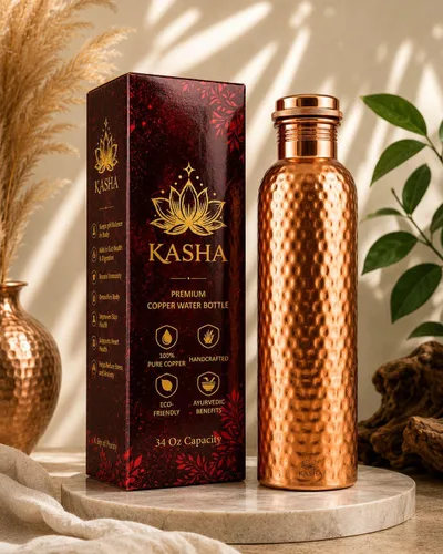 Vista 8 de KASHA Ayurvedic - Botella de agua de cobre puro 99.96% para agua potable, probada en laboratorio, 32 onzas, botella de agua de cobre puro a prueba