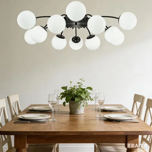 Vista 8 de Lámpara de araña Sputnik de 12 luces, color negro con burbujas de vidrio de leche Luces de techo semi empotradas, acento de flor, Art Deco