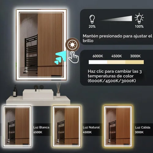 Vista 4 de Paquete de 2 espejos LED de baño de 24 x 36 pulgadas, espejo LED para baño, sin niebla, regulable, 3 colores, espejo de baño con luces, espejo