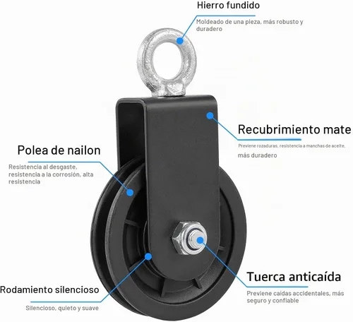 Vista 3 de Polea de cable de 3.54 pulgadas, rueda de tracción de rotación de 360 grados con mosquetón y correa, silencio suave desmontable para sistema