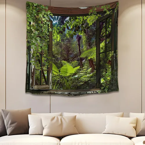 Vista 24 de QGHOT Tapiz de bosque brumoso, tapiz de montaña natural para colgar en la pared, paisaje de acuarela verde salvia, arte de pared para dormitorio