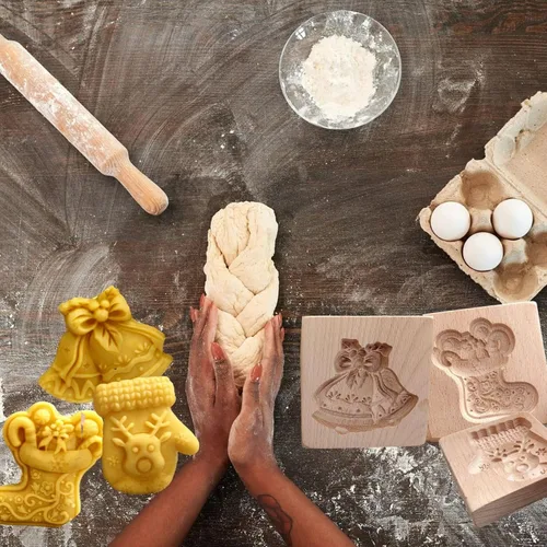 Vista 3 de Moldes de madera para galletas, molde de madera tallada para hornear, molde de galletas de cocina, cortador de galletas de madera, moldes de prensa