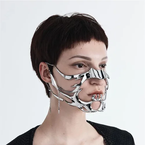 Vista 7 de Máscara mecánica punk para mujeres, accesorios de cara de metal irregulares, máscara de fiesta de Halloween para mujeres y hombres