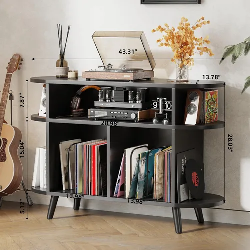 Vista 6 de LIVEHOM Soporte redondo grande para tocadiscos, armario de almacenamiento de discos de madera, soporte para discos de vinilo con área