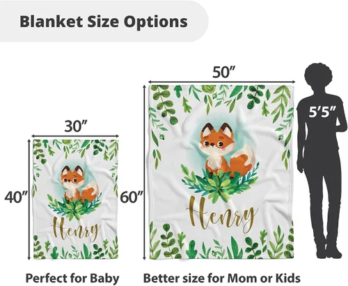 Vista 3 de Mantas de bebé personalizadas para niños - Regalos personalizados para bebés para niños - Regalos personalizados para bebés suaves y ligeros (zorro)
