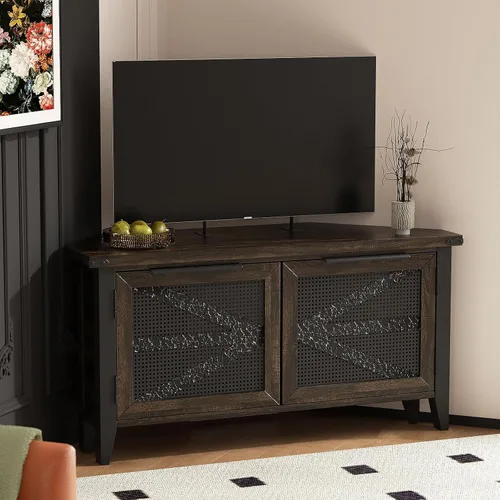 Vista 4 de VFK Soporte de TV de esquina de estilo granja para TV de 50 pulgadas, centro de entretenimiento rústico con almacenamiento, mesa de consola