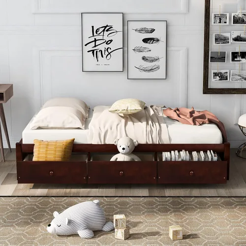 Vista 4 de Merax Marco de cama de madera con 3 cajones, cama de día individual Storge con soporte de listones de madera, ahorro de espacio, cereza