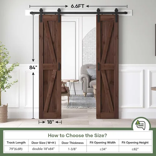 Vista 6 de Losa de puerta corrediza de madera de granero de 36 x 84 pulgadas (puerta doble de 18 x 84 pulgadas) con kit de herramientas y mango de 6.6 pies