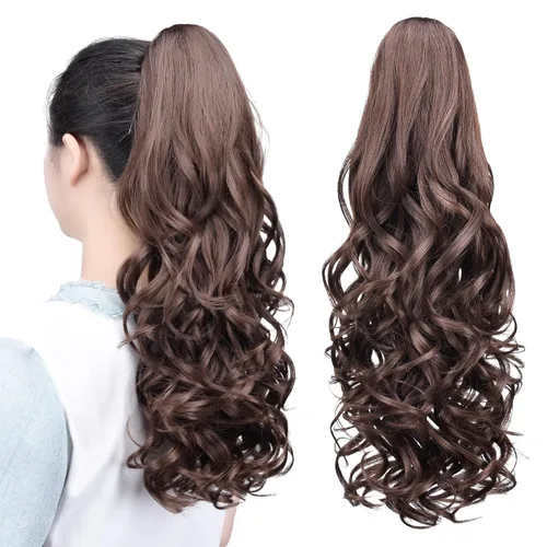 Vista 9 de Extensiones de cola de caballo, extensiones de cabello de cola de caballo con clip de garra marrón oscuro para mujer, pieza de cabello rizado