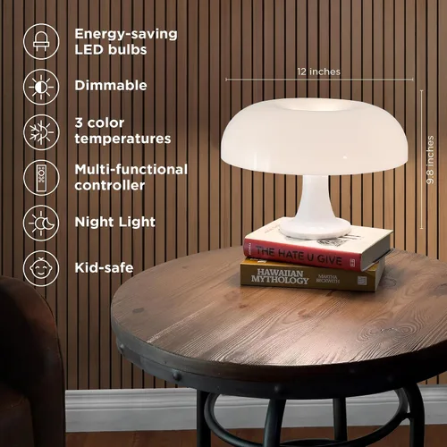Vista 2 de Lámpara de mesa con forma de hongo blanco, lámpara de mesa retro regulable, 3 temperaturas de luz, control remoto, lámpara LED de los años 70